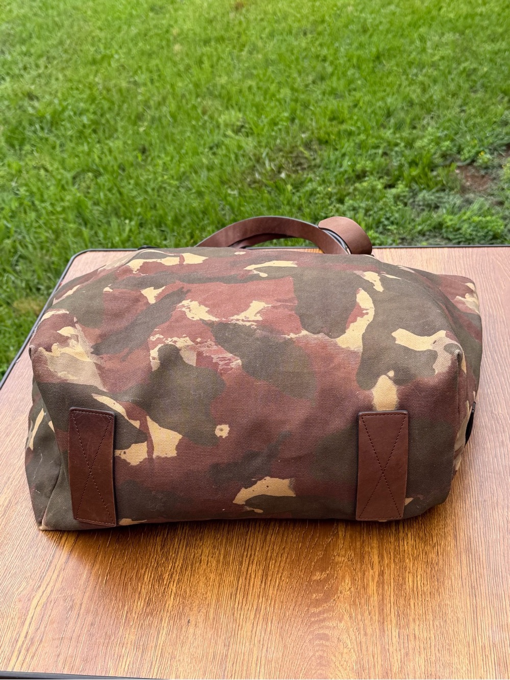 Frye Camo Canvas Leather Tote Bag Large Shoulder Shopper Brown Green - Picture 5 of 16